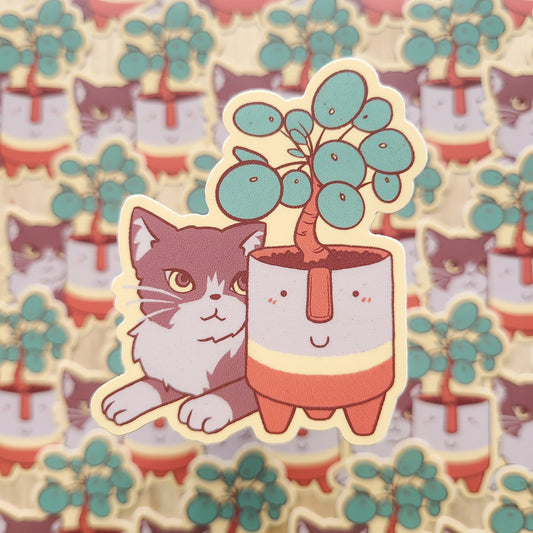 Pilea and Tuxedo Cat Sticker